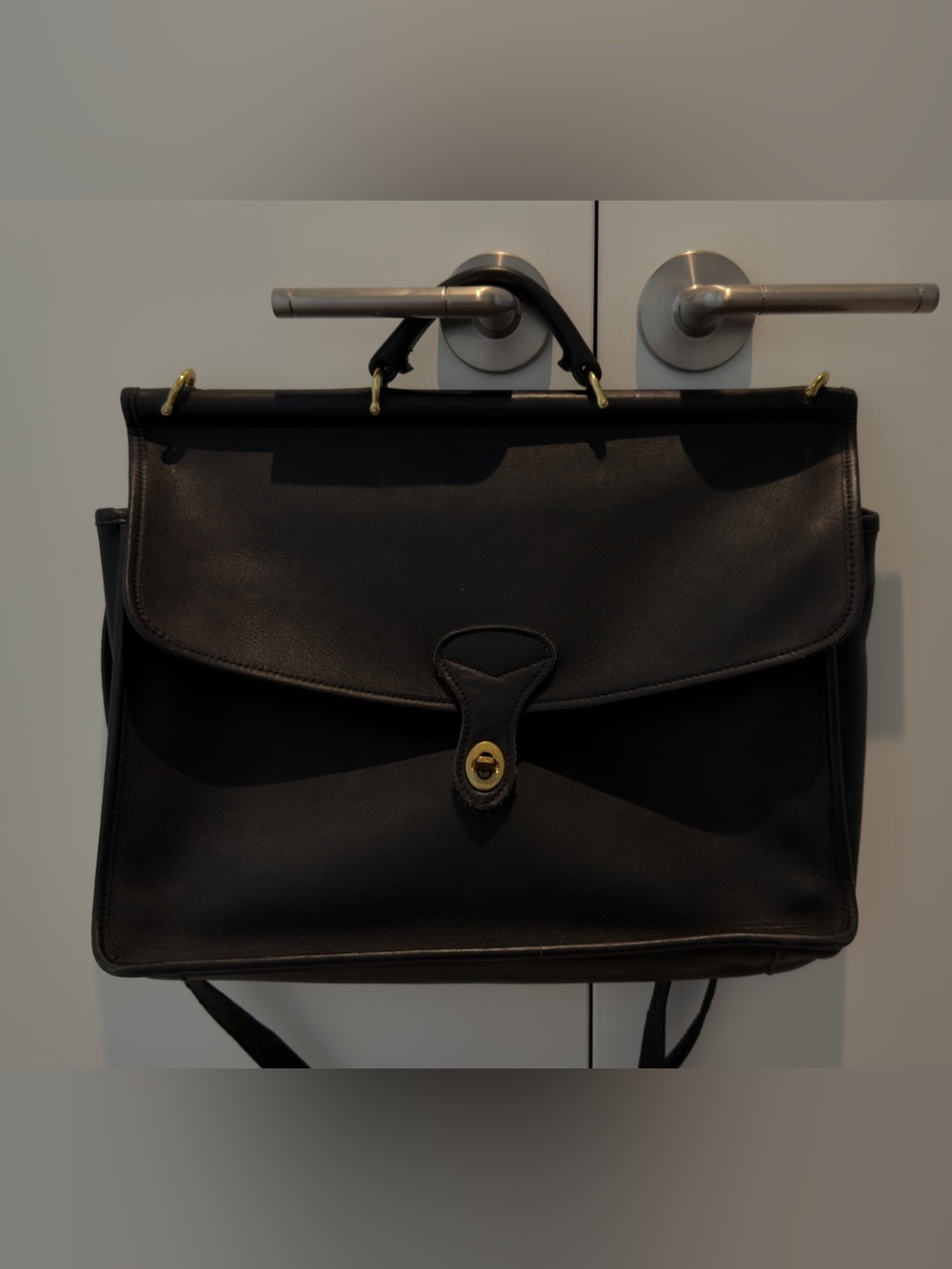 Men's Black Leather Briefcase with Gold Hardware